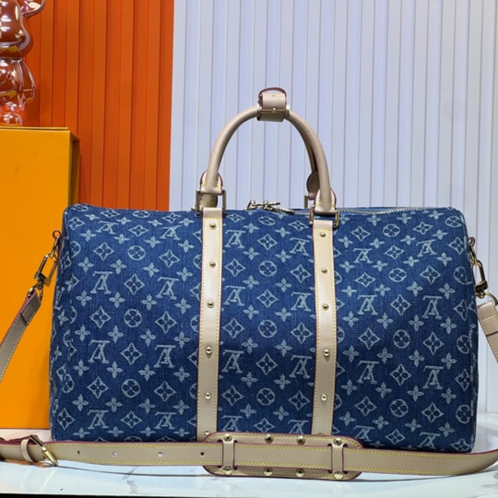 Louis Vuitton Keepall Bandoulière 45 Monogram Denim Travel Bag Blue 45cm - Image 4