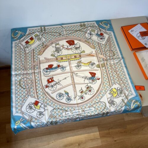 Alternative view of Hermes Les Voitures Nouvelles Silk Twill Scarf Pale Blue And White 90cm H984108S 04