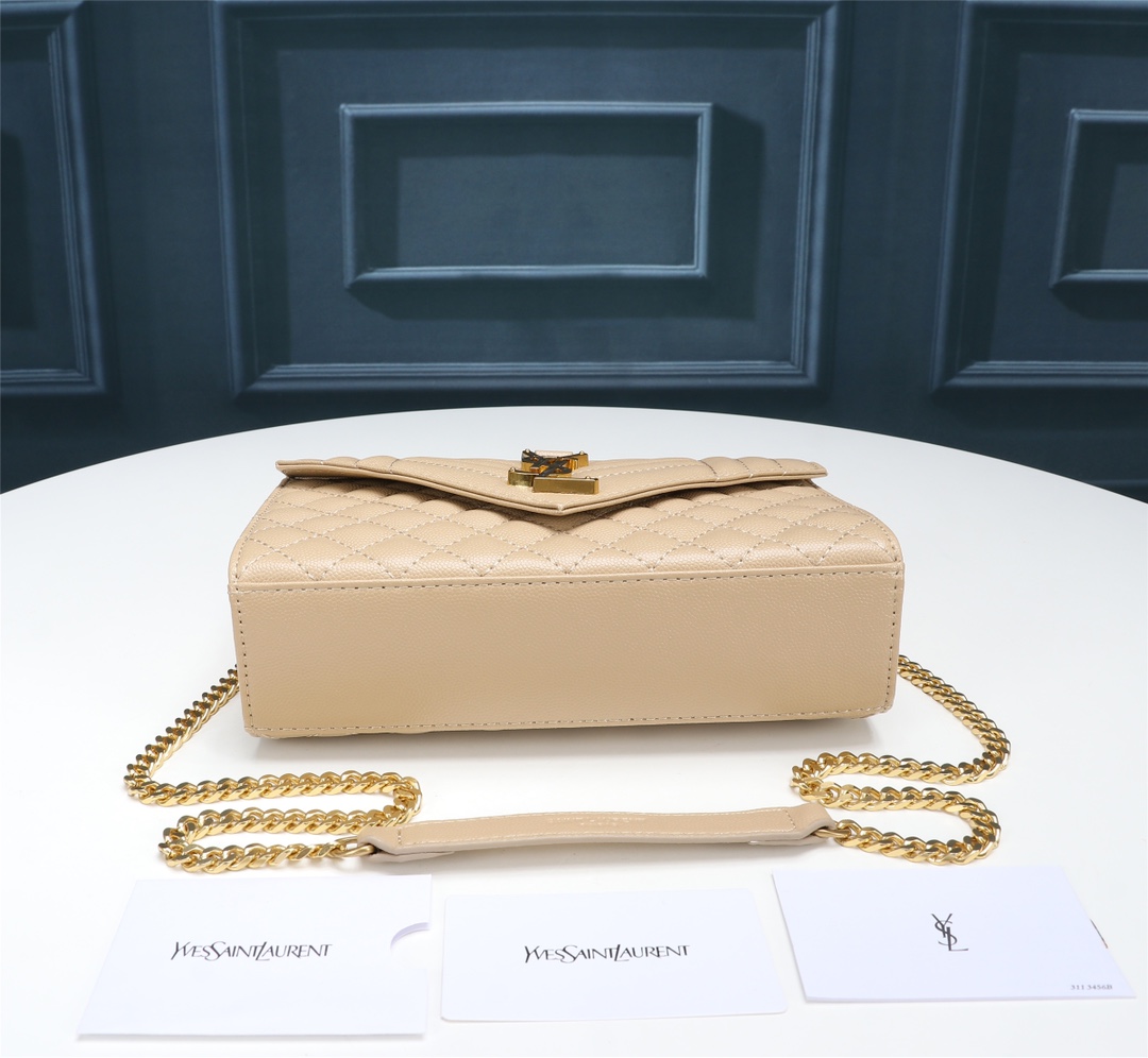 Saint Laurent Envelope Small Quilted Grain De Poudre Embossed Leather Crossbody Bag Beige 21Cm 600195BOW912721 - Image 4