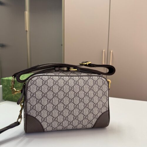 Alternative view of Gucci GG Emblem Small GG Monogram Canvas Crossbody Bag Grey And Dark Brown 23Cm