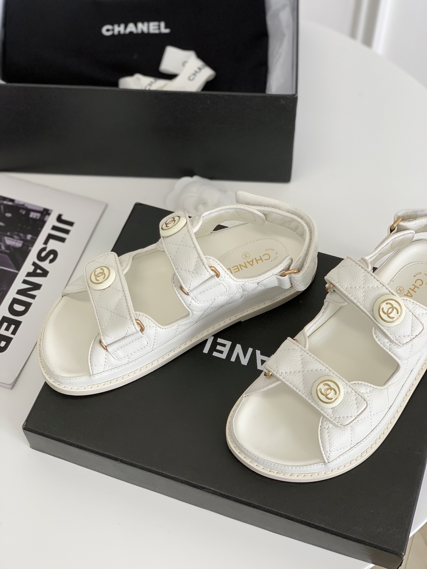 Chanel Sandals Grained Leather With CC Button Accent White - Image 6