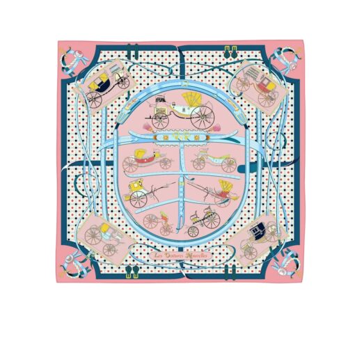 Hermes Les Voitures Nouvelles Silk Twill Scarf Rose Bonbon And Blue 90cm H984108S 01