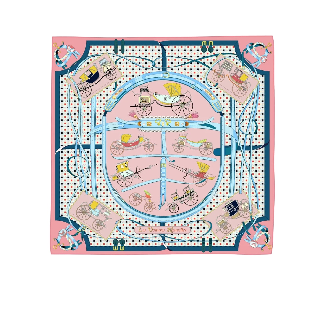Hermes Les Voitures Nouvelles Silk Twill Scarf Rose Bonbon And Blue 90cm H984108S 01
