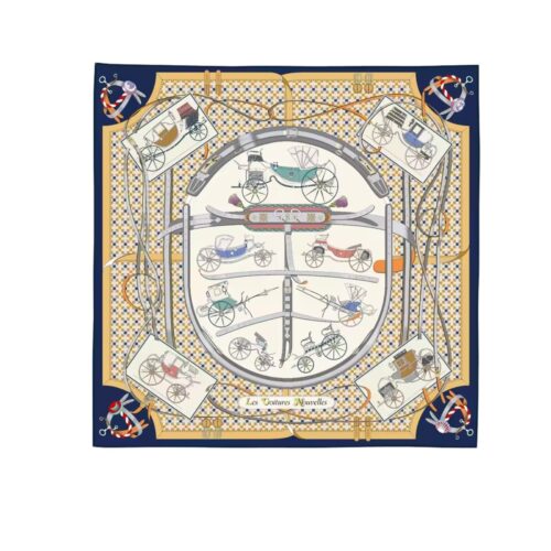 Hermes Les Voitures Nouvelles Silk Twill Scarf Marine 90cm H984108S 08