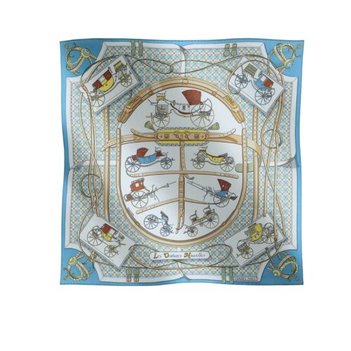 Hermes Les Voitures Nouvelles Silk Twill Scarf Pale Blue And White 90cm H984108S 04
