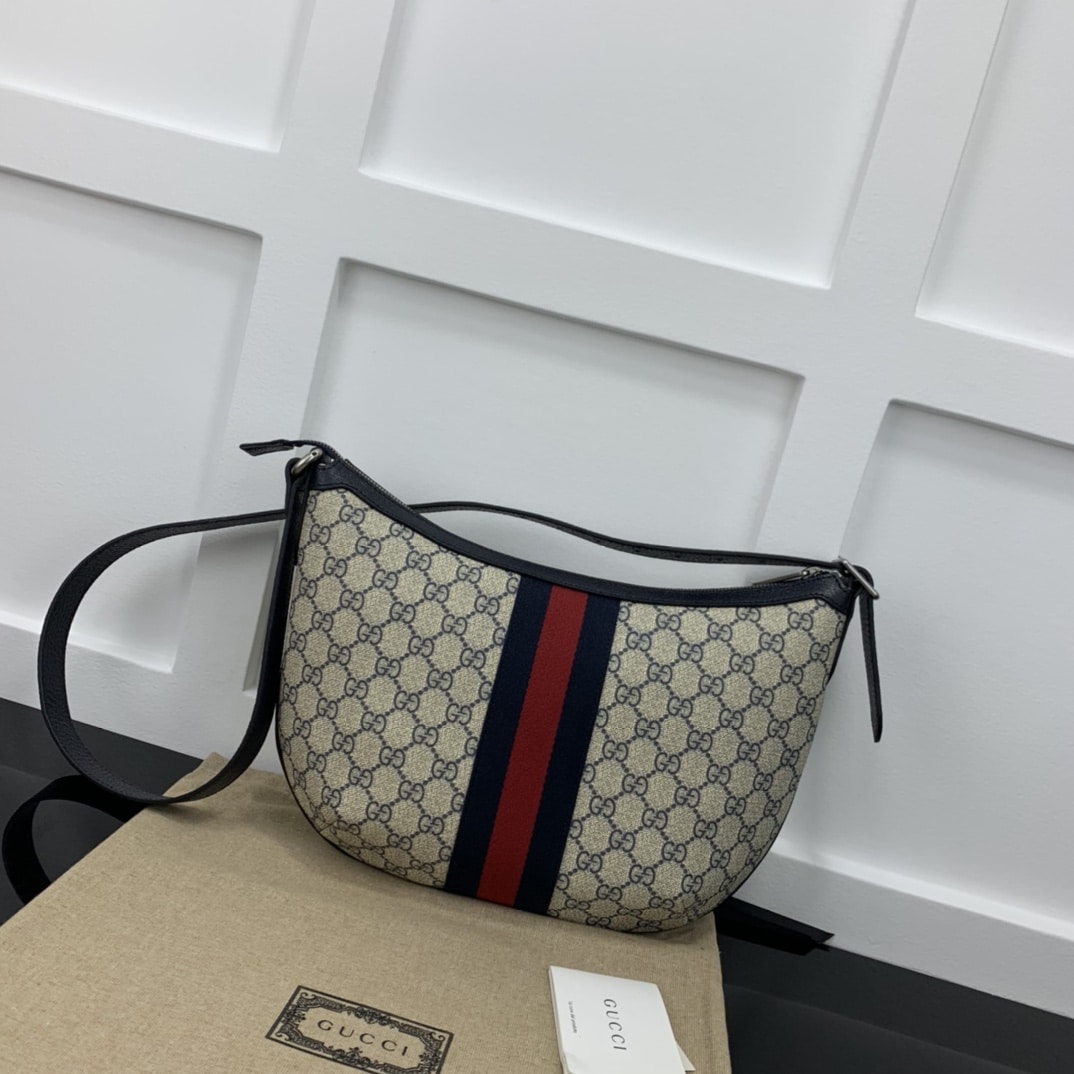 Gucci Ophidia Small GG Supreme Canvas Shoulder Bag Beige And Navy Blue 30Cm 598125 2ZGMN 4076 - Image 4