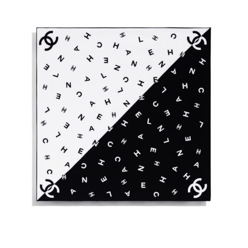 Chanel Multi Letters CC Square Scarf Silk Twill Black White 70cm