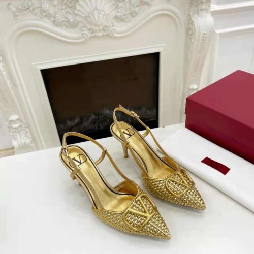 Alternative view of Valentino Garavani Vlogo Signature Woven Leather Slingback Pumps Gold