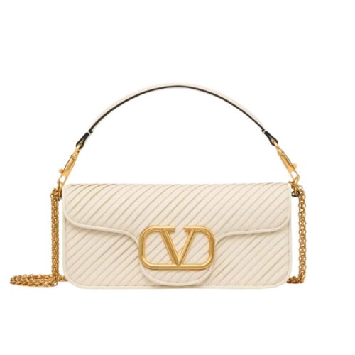 Valentino Garavani Locó Shoulder Bag In Pleated Nappa White 26Cm