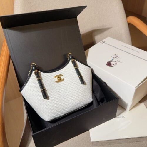 Alternative view of Chanel Shopping Bag Small Braided Raffia Tote Bag White Black 18Cm