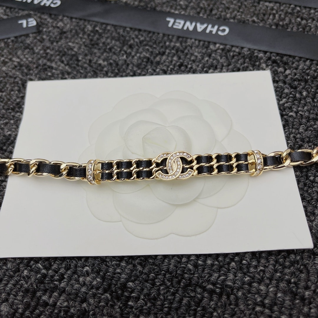 Chanel Choker Necklace Interwoven Leather Chain Crystals Gold Black AB6890 B06537 NF006 - Image 6