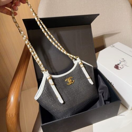 Alternative view of Chanel Shopping Bag Small Braided Raffia Tote Bag Black White 18cm AS6015 B22594 U5559