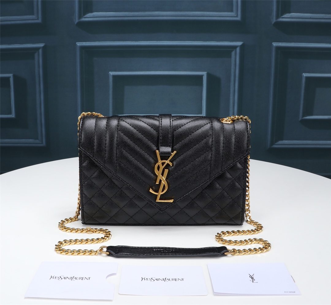 Saint Laurent Envelope Small Quilted Grain De Poudre Embossed Leather Gold Hardware Crossbody Bag Black 21Cm 600195Bow911000 - Image 2