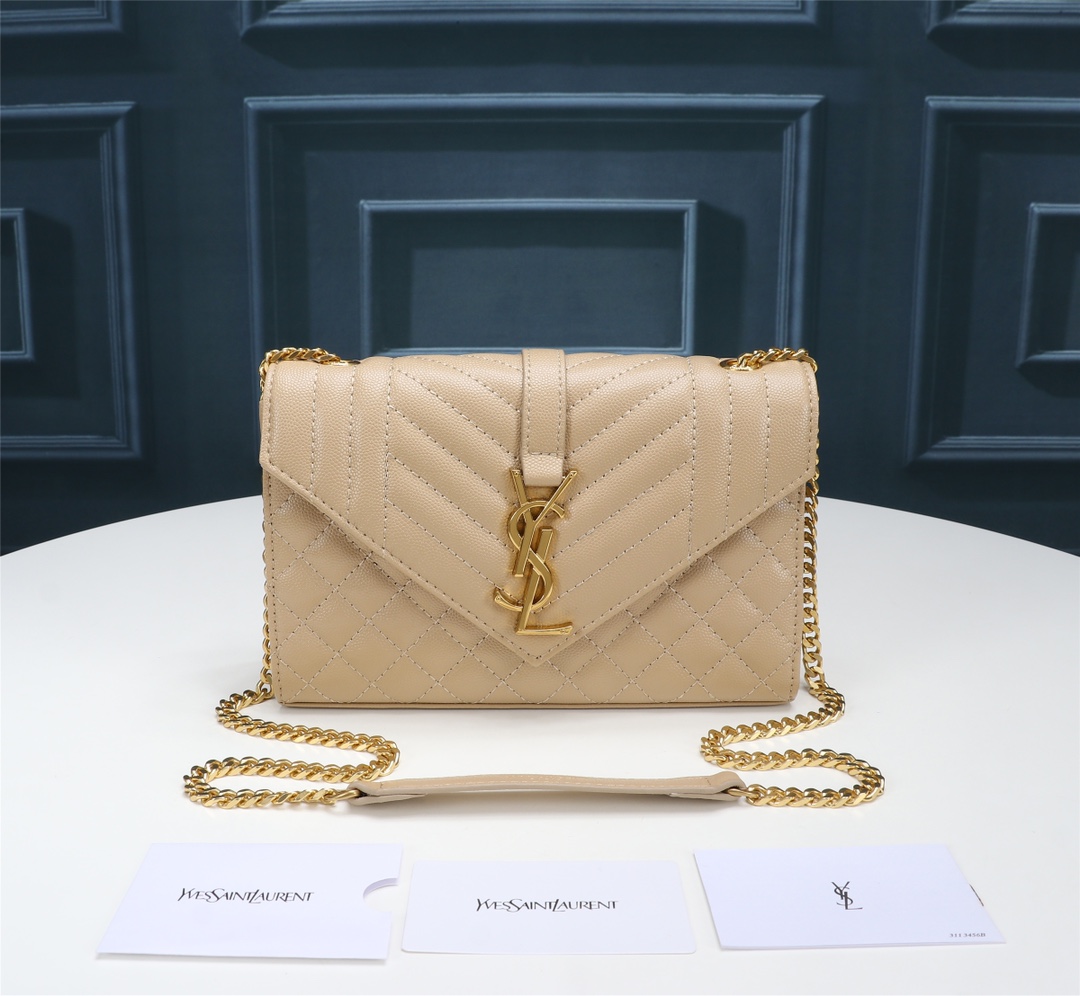 Saint Laurent Envelope Small Quilted Grain De Poudre Embossed Leather Crossbody Bag Beige 21Cm 600195BOW912721 - Image 2