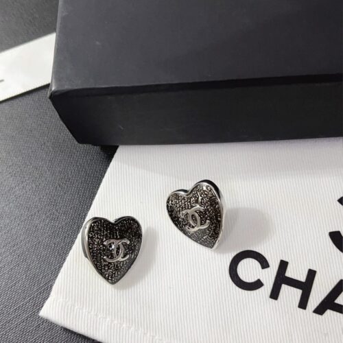 Alternative view of Chanel Stud Earrings Heart Textured Silver Metal Black