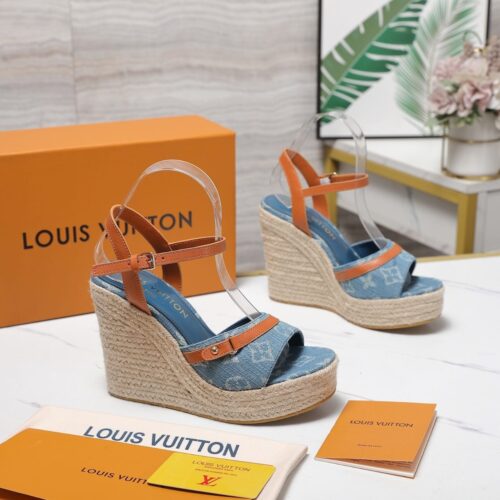 Alternative view of Louis Vuitton Helios Wedge Denim Sandal Blue And Brown 1Acizj