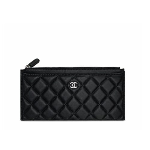 Chanel Classic Zip Pouch Quilted Grained Leather Wallet Black 22cm