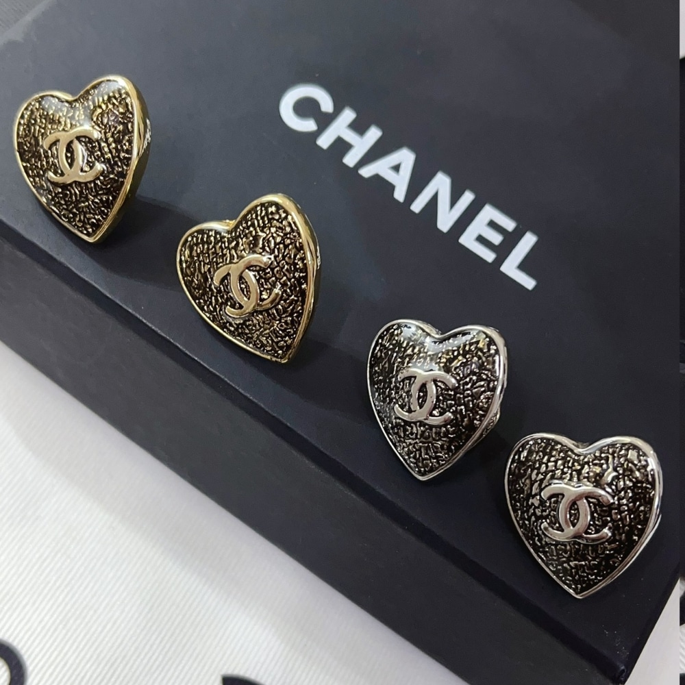 Chanel Stud Earrings Heart Textured Silver Metal Black - Image 3