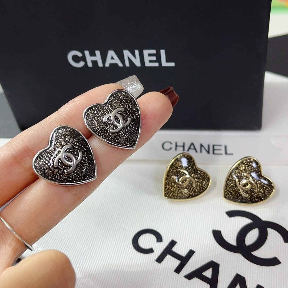 Chanel Stud Earrings Heart Textured Silver Metal Black - Image 4