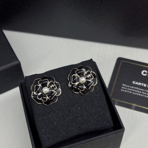 Alternative view of Chanel Camellia Stud Earrings Resin Pearl Metal Black Gold