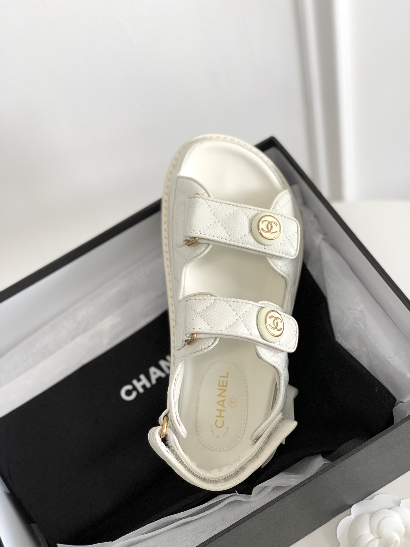 Chanel Sandals Grained Leather With CC Button Accent White - Image 4