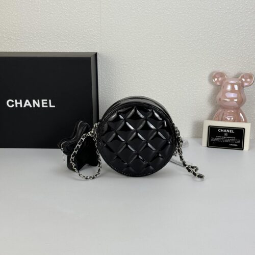 Alternative view of Chanel Round Mini Quilted Patent Leather Crossbody Bag Black 15cm