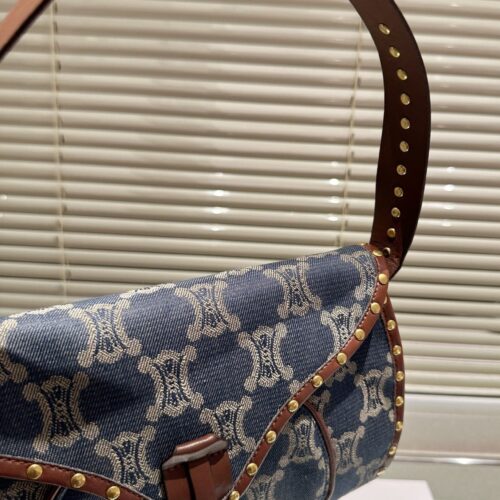 Alternative view of Celine Studded Baguette Bag Macadam Denim Blue Brown 25Cm