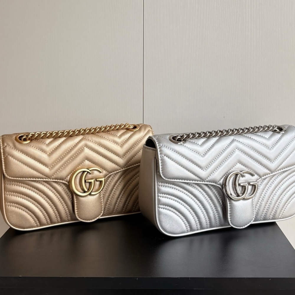 Gucci Gg Marmont Medium Shoulder Bag Metallic Silver Leather 26Cm 443497 AAESP 8106 - Image 7