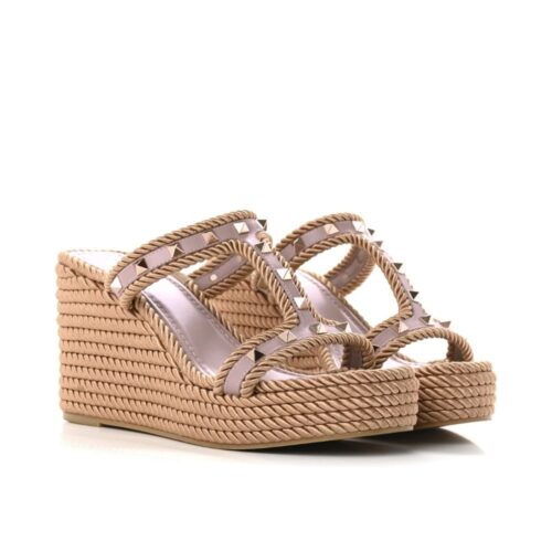 Valentino Garavani Rockstud Wedge In Leather 90mm Dark Pink