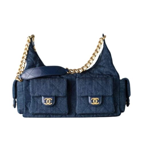 Chanel 25C Large Washed Denim Hobo Bag Dark Blue 31cm