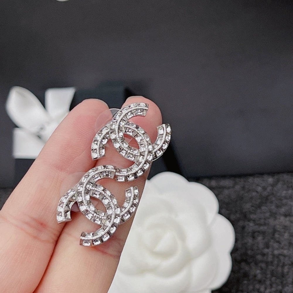 Chanel Stud Earrings Double CC Crystals Silver - Image 2