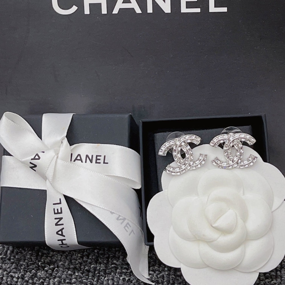 Chanel Stud Earrings Double CC Crystals Silver - Image 3