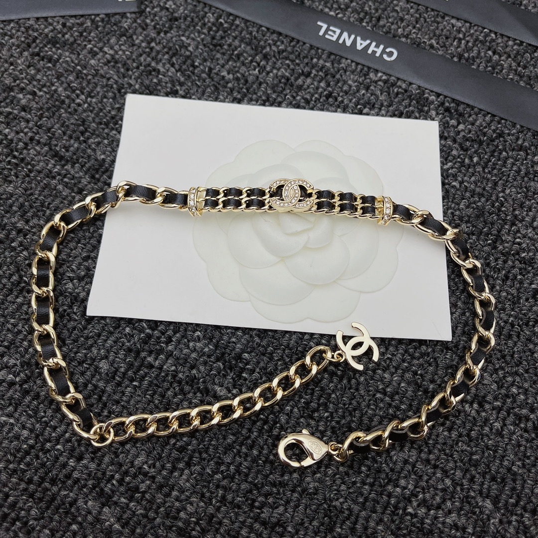 Chanel Choker Necklace Interwoven Leather Chain Crystals Gold Black AB6890 B06537 NF006 - Image 4