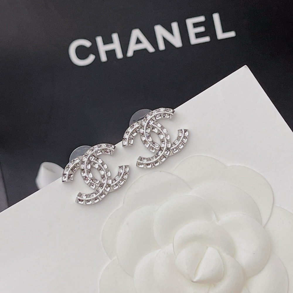 Chanel Stud Earrings Double CC Crystals Silver - Image 4