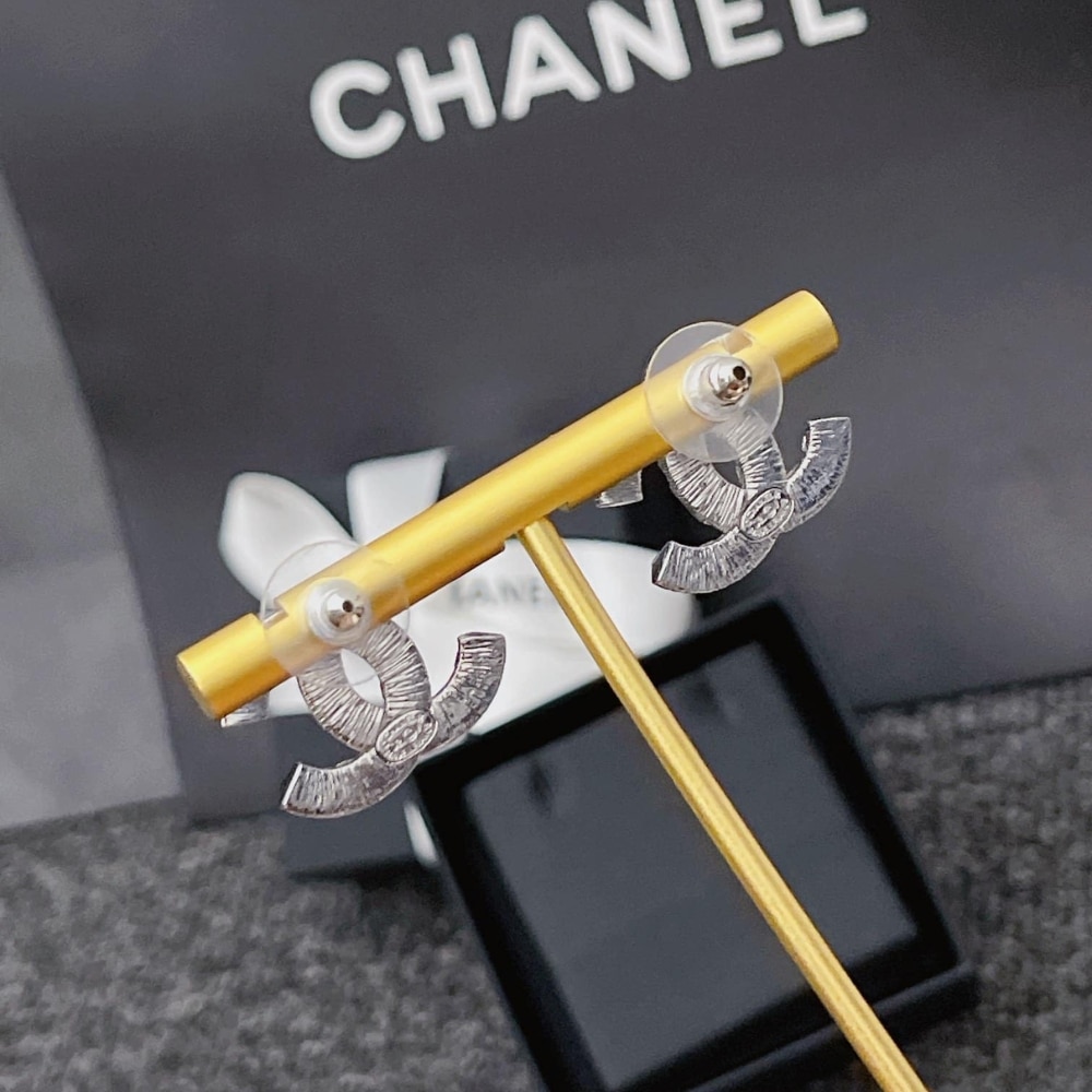 Chanel Stud Earrings Double CC Crystals Silver - Image 5