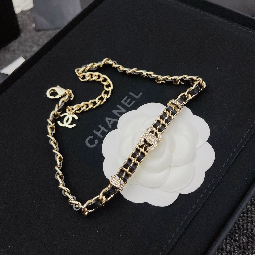 Chanel Choker Necklace Interwoven Leather Chain Crystals Gold Black AB6890 B06537 NF006 - Image 7