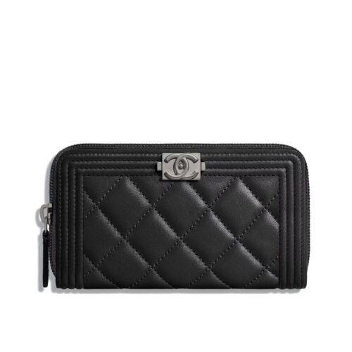Chanel Boy Long Zipped Wallet Smooth Leather Black 19cm