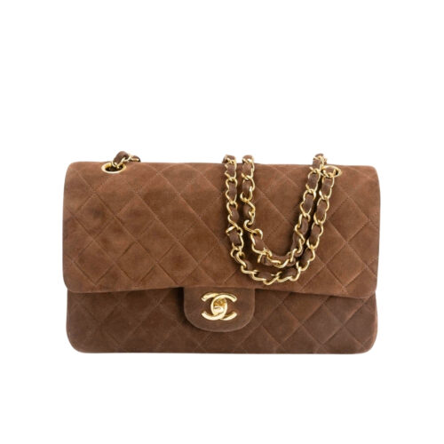 Chanel Classic Medium Double Flap Bag Gold Tone Dark Brown 25cm