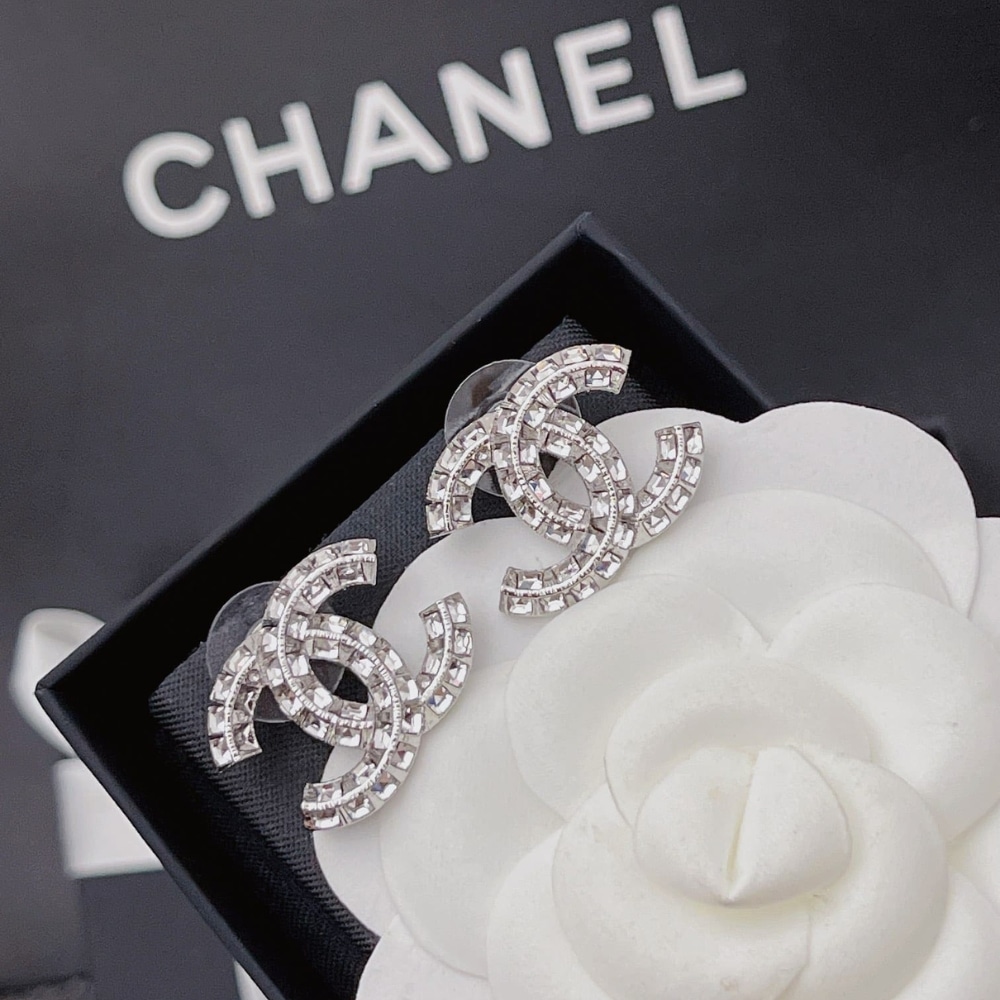 Chanel Stud Earrings Double CC Crystals Silver - Image 6