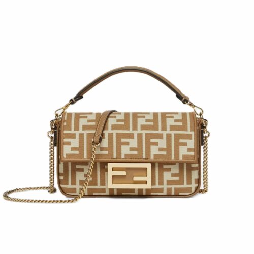 Fendi Baguette Mini FF Jacquard Fabric Shoulder Bag Beige 21Cm