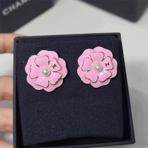 Alternative view of Chanel Camellia Stud Earrings Resin Pearl Metal Pink Gold ABG218 B21624 U3368