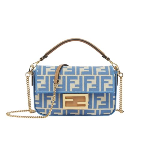 Fendi Baguette Mini FF Jacquard Fabric Shoulder Bag Blue 21Cm