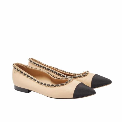 Chanel Ballerina Flat With Chain Smooth Leather And Fabric Beige And Black