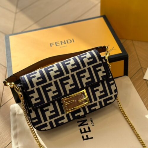 Alternative view of Fendi Baguette Mini FF Jacquard Fabric Shoulder Bag Navy Blue 21Cm