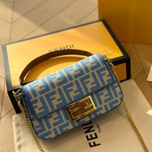 Alternative view of Fendi Baguette Mini FF Jacquard Fabric Shoulder Bag Blue 21Cm