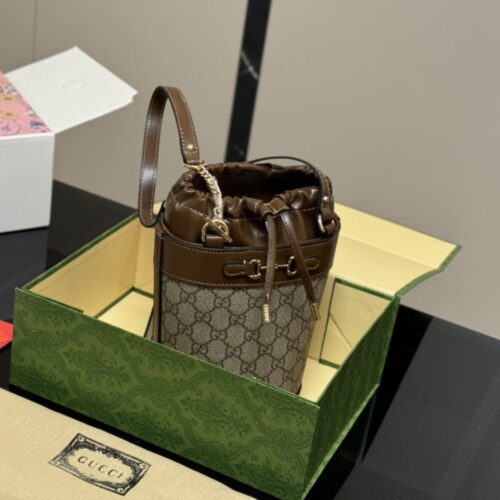 Alternative view of Gucci Horsebit 1955 Small GG Monogram Canvas Bucket Bag Brown 18Cm