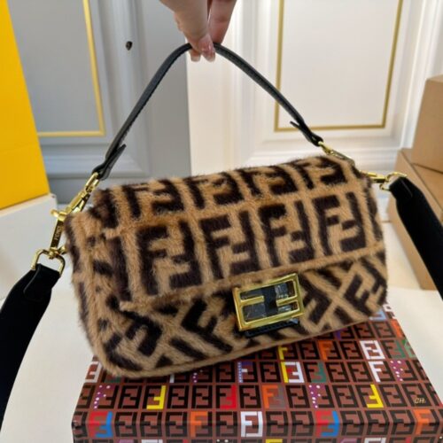 Alternative view of Fendi Baguette Medium FF Plush Fabric Shoulder Bag Brown 26Cm