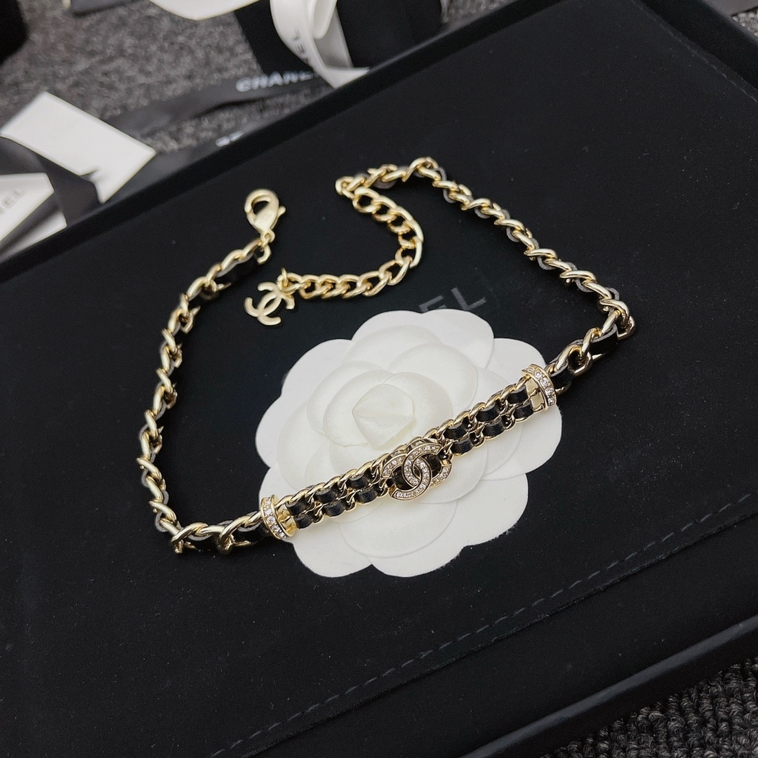 Chanel Choker Necklace Interwoven Leather Chain Crystals Gold Black AB6890 B06537 NF006 - Image 5