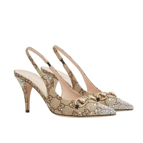 Gucci Women's Horsebit GG Canvas Pump Beige And Dark Brown 812176 Fad21 2549