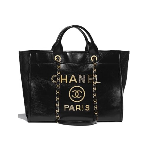 Chanel Deauville Large Smooth Leather Tote Bag Black 38cm